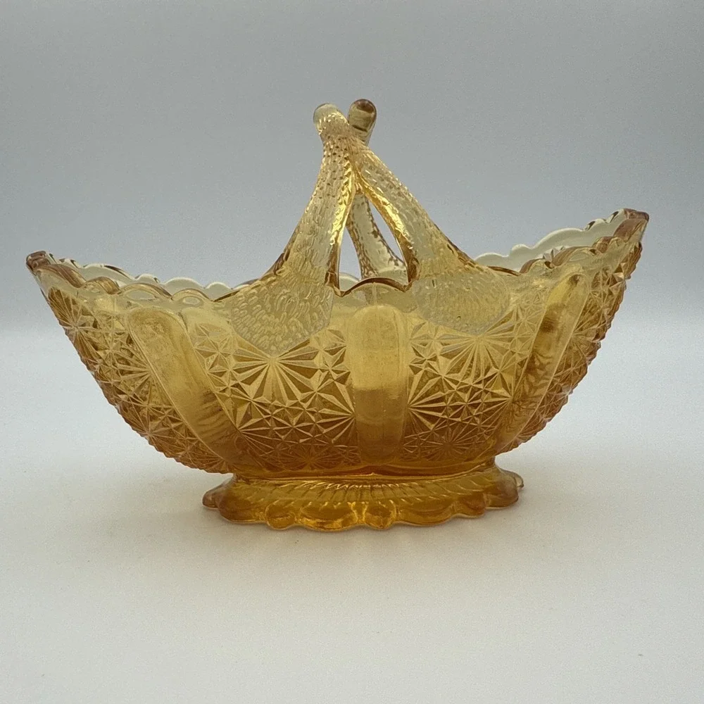 Vintage Fenton Honey Amber Daisy Button Glass Basket Dish with Split Twig Handle